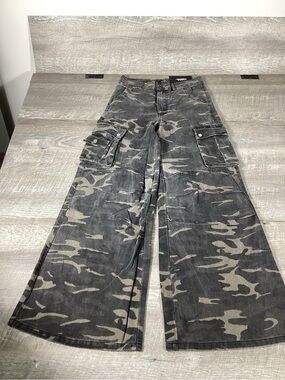 Persona Camo Cargo Pants Wide Leg Y2K Baggy Streetwear Gray Size 28